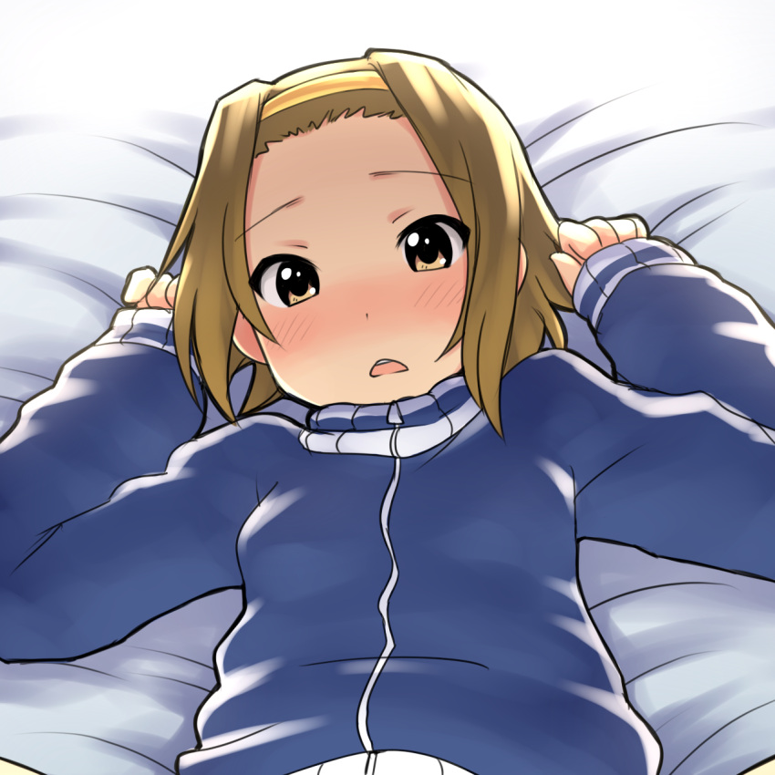 aaaa, arms_up, blush, brown_eyes, brown_hair, d:, hairband, highres