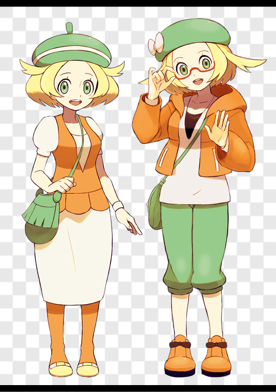 adjusting_glasses, bad_id, bag, bel_(pokemon), blonde_hair, dual_persona, full_body, glasses
