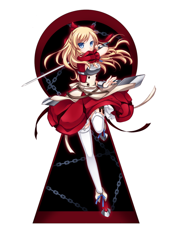 aoilio, armor, boots, bow, chain, chains, dress, garters, hair_bow, keyhole, leg_up, long_hair, original, solo, sword, thigh-highs, thighhighs, weapon, white_legwear, wrist_cuffs