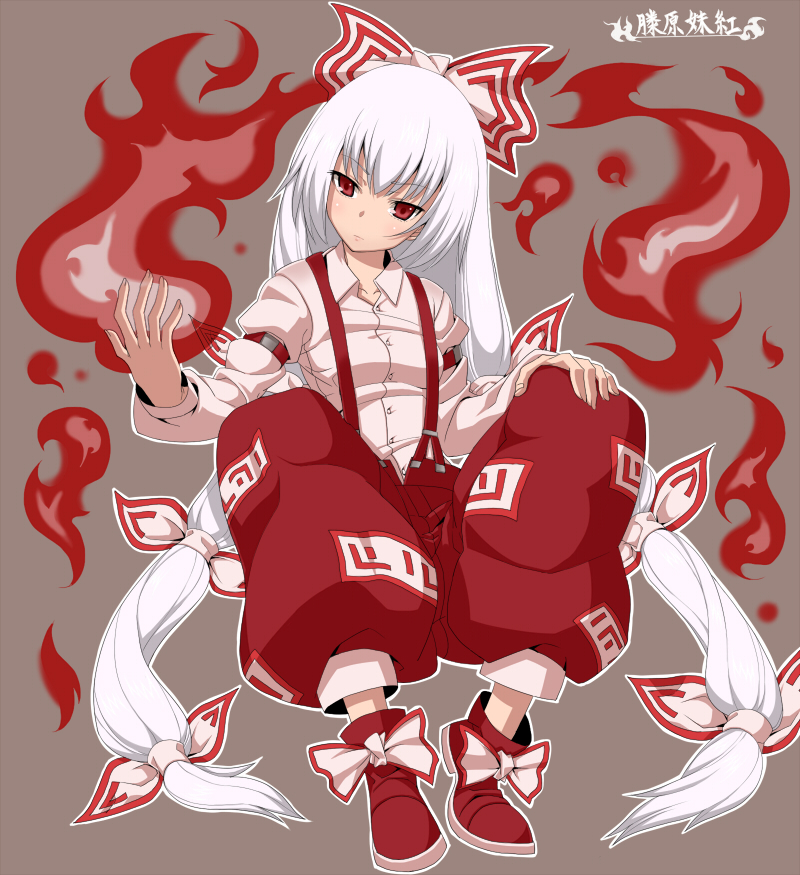 bow, dress_shirt, fire, fujiwara_no_mokou, hair_bow, kamirobo, long_hair, pants
