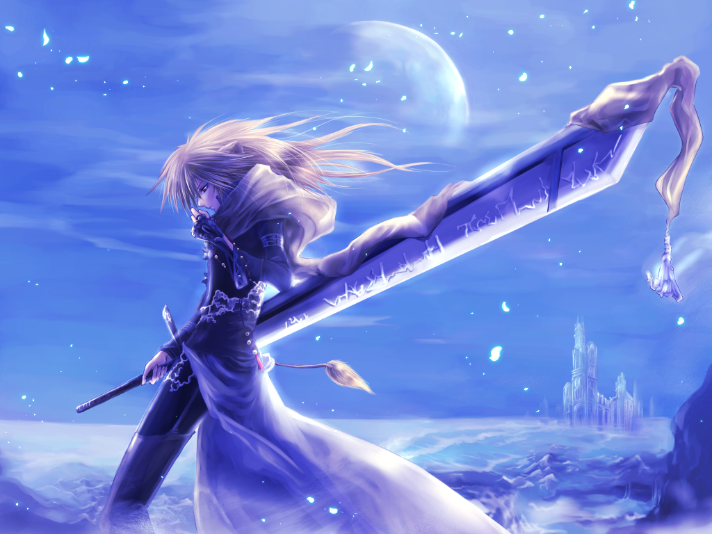 blonde_hair, castle, fingerless_gloves, gloves, kashin_reina, lion_ears, lion_tail, moon