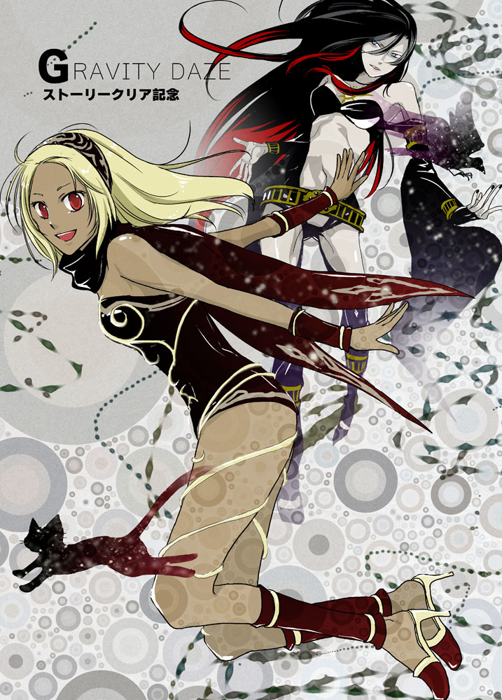 bare_shoulders, black_cat, black_hair, blonde_hair, blue_eyes, breasts, cat, crow_(gravity_daze)