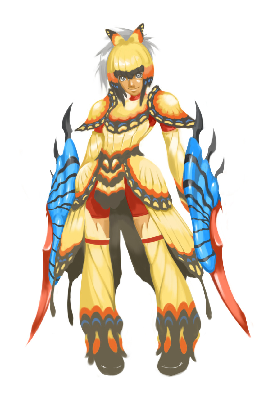 armor, blonde_hair, blue_eyes, bob_cut, butterfly_wings, dark_skin, faulds, full_armor