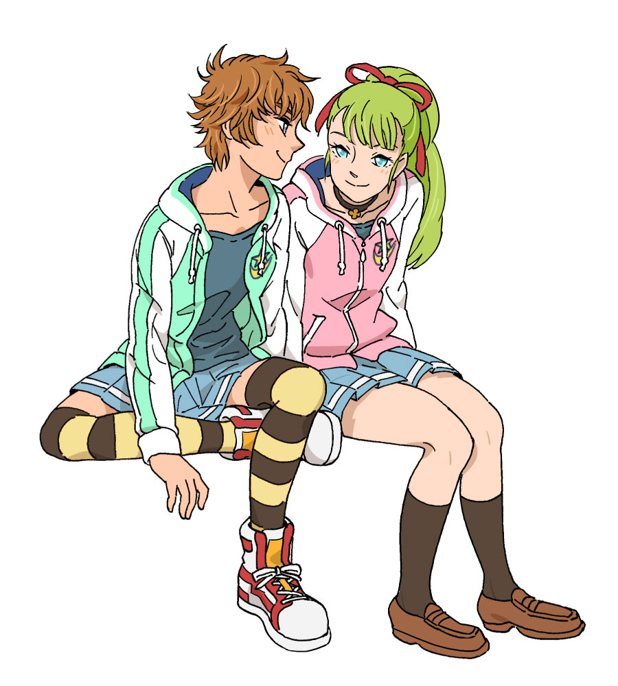 aqua_eyes, blonde_hair, blush, brown_hair, collar, crossed_legs, fio88, hair_ribbon
