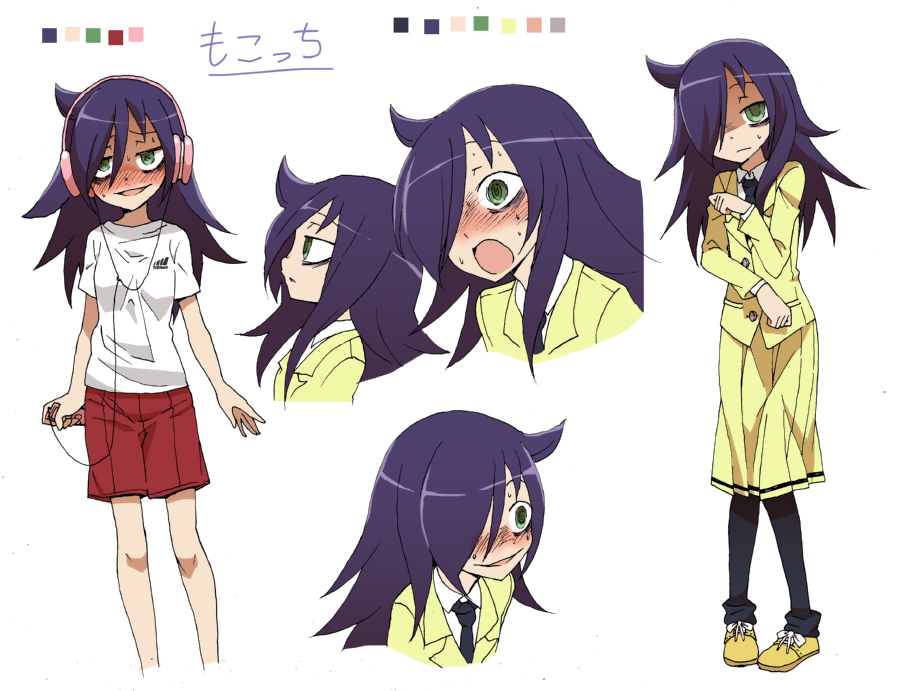 adidas, bags_under_eyes, beats_by_dr._dre, black_hair, blush, boots, casual, character_sheet, color_palette, digital_media_player, flat_chest, green_eyes, hair_over_one_eye, headphones, kuroki_tomoko, long_skirt, loose_socks, pantyhose, purple_hair, school_uniform, shorts, skirt, socks, solo, t-shirt, watashi_ga_motenai_no_wa_dou_kangaetemo_omaera_ga_warui!, yanagida_shita