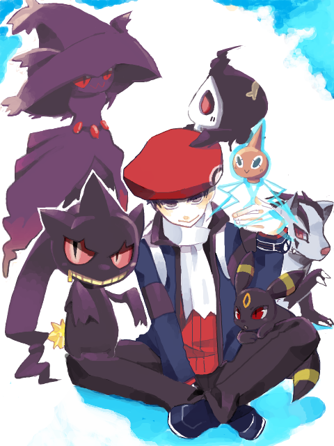 1boy, banette, boy, duskull, hat, kouki_(pokemon), mightyena, mismagius