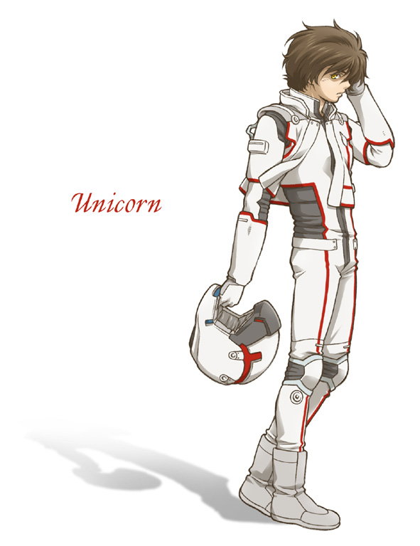 banagher_links, boots, brown_eyes, brown_hair, gundam, gundam_unicorn, headwear_removed, helmet