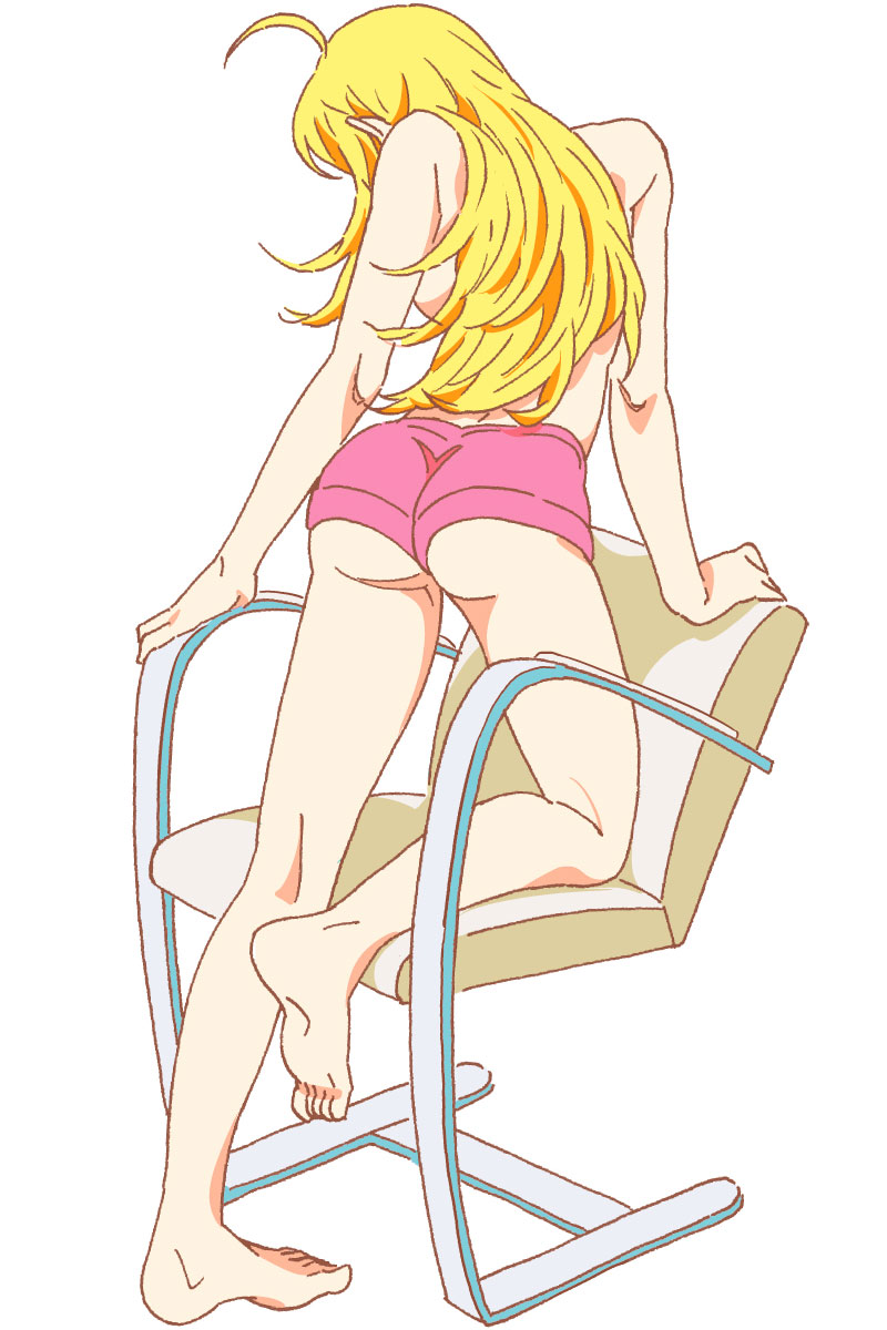 ahoge, ass, bare_shoulders, barefoot, blonde_hair, chair, fio88, from_behind, highres, hoshii_miki, idolmaster, long_hair, short_shorts, shorts, solo, topless