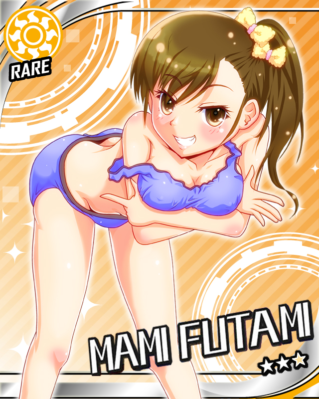 bra, breasts, brown_eyes, brown_hair, card, character_name, cinderella_girls_card_parody, erect_nipples, futami_mami, grin, hair_bow, hair_ornament, idolmaster, idolmaster_cinderella_girls, kakkodan, leaning, long_hair, panties, parody, side_ponytail, smile, sparkle, star, strap_slip, sun_(symbol), underwear