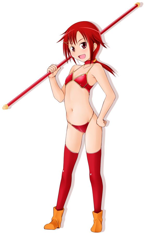 bikini, bikini_armor, blush, boots, choker, flat_chest, hino_akane, long_hair
