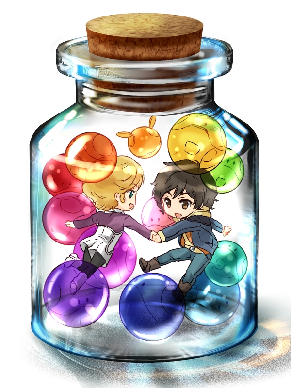 1girl, audrey_burne, banagher_links, bottle, brown_hair, chibi, gundam, gundam_unicorn, haro, hisui_(paingumi), orange_hair, short_hair