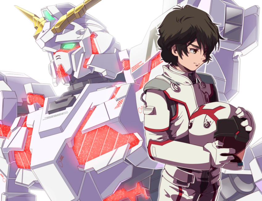 banagher_links, brown_eyes, brown_hair, gundam, gundam_unicorn, headwear_removed, helmet, helmet_removed, male, mecha, nt-d, pilot_suit, short_hair, solo, suteito, unicorn_gundam