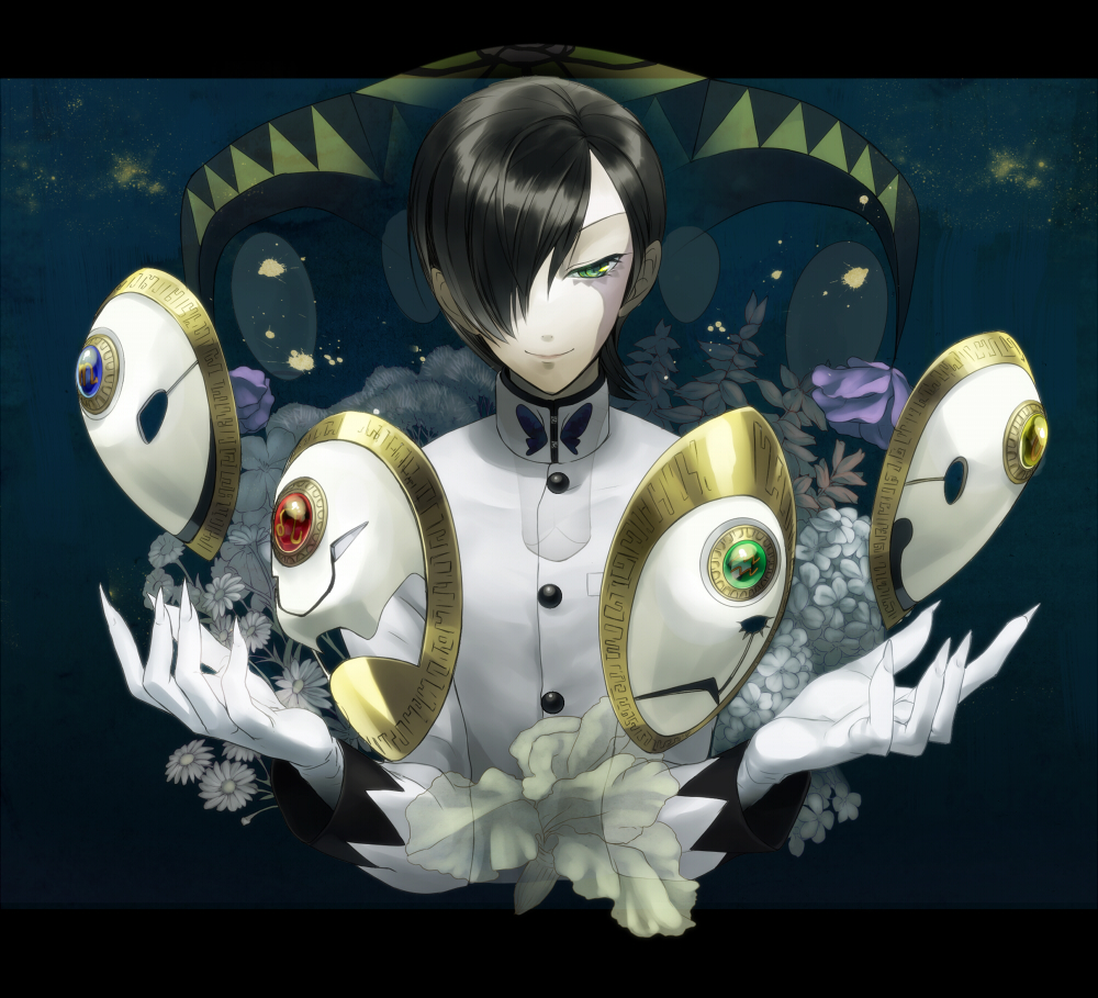 black_hair, bun-o, card, green_eyes, hair_over_one_eye, joker, joker_(persona_2), kurosu_jun