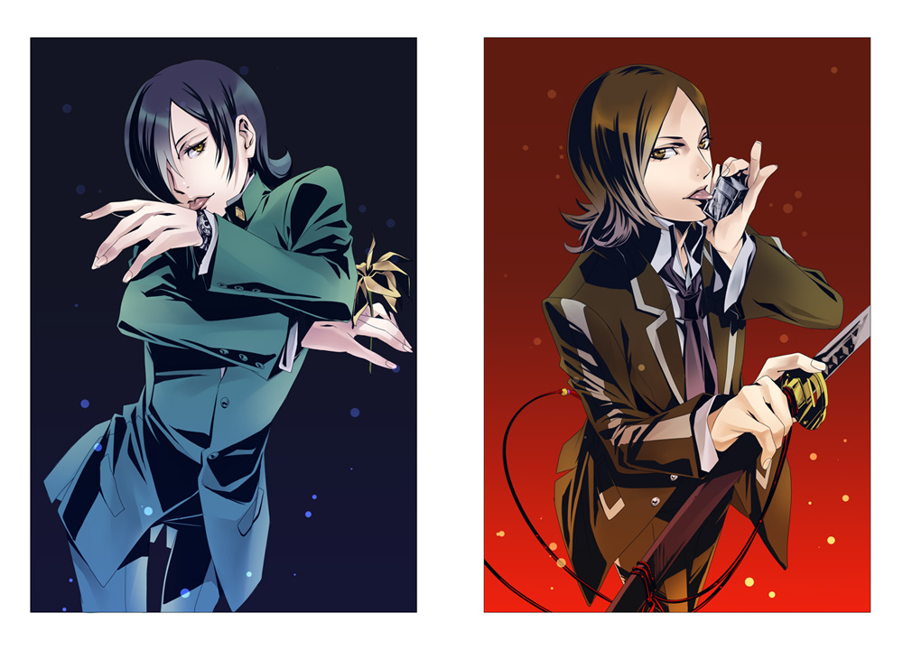 black_hair, brown_eyes, brown_hair, flower, hair_over_one_eye, katana, kurosu_jun, licking