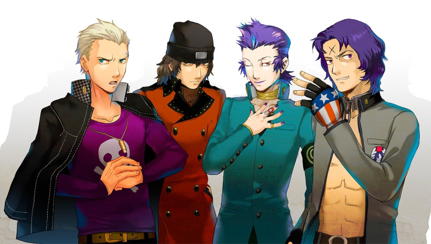 aragaki_shinjirou, beanie, blonde_hair, blue_eyes, blue_hair, brown_eyes, brown_hair, crossover