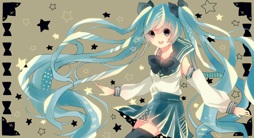 aqua_eyes, aqua_hair, detached_sleeves, hatsune_miku, long_hair, m0chigo3, open_mouth, school_uniform