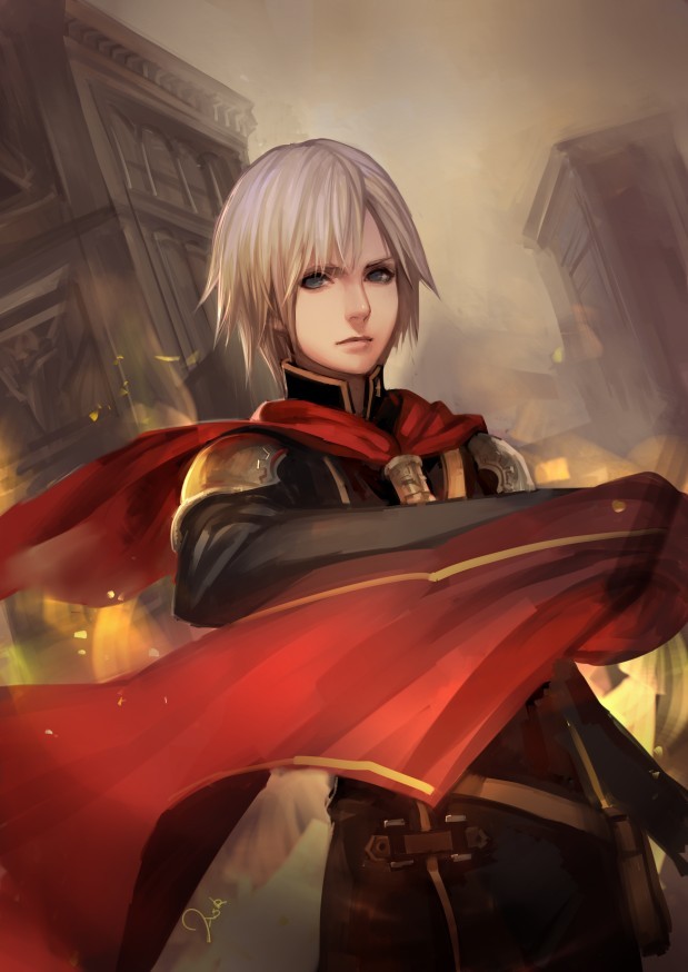 ace_(fft-0), ace_(final_fantasy_type-0), armor, asukaziye, blonde_hair, blue_eyes, building, cape
