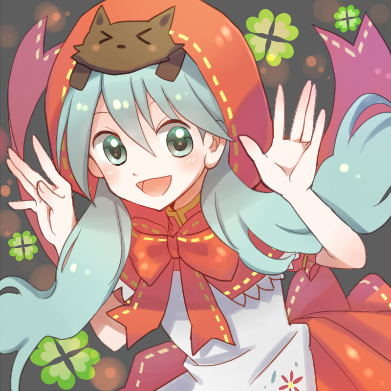 1girl, :d, cosplay, green_eyes, hatsune_miku, hirounp, little_red_riding_hood, little_red_riding_hood_(cosplay)