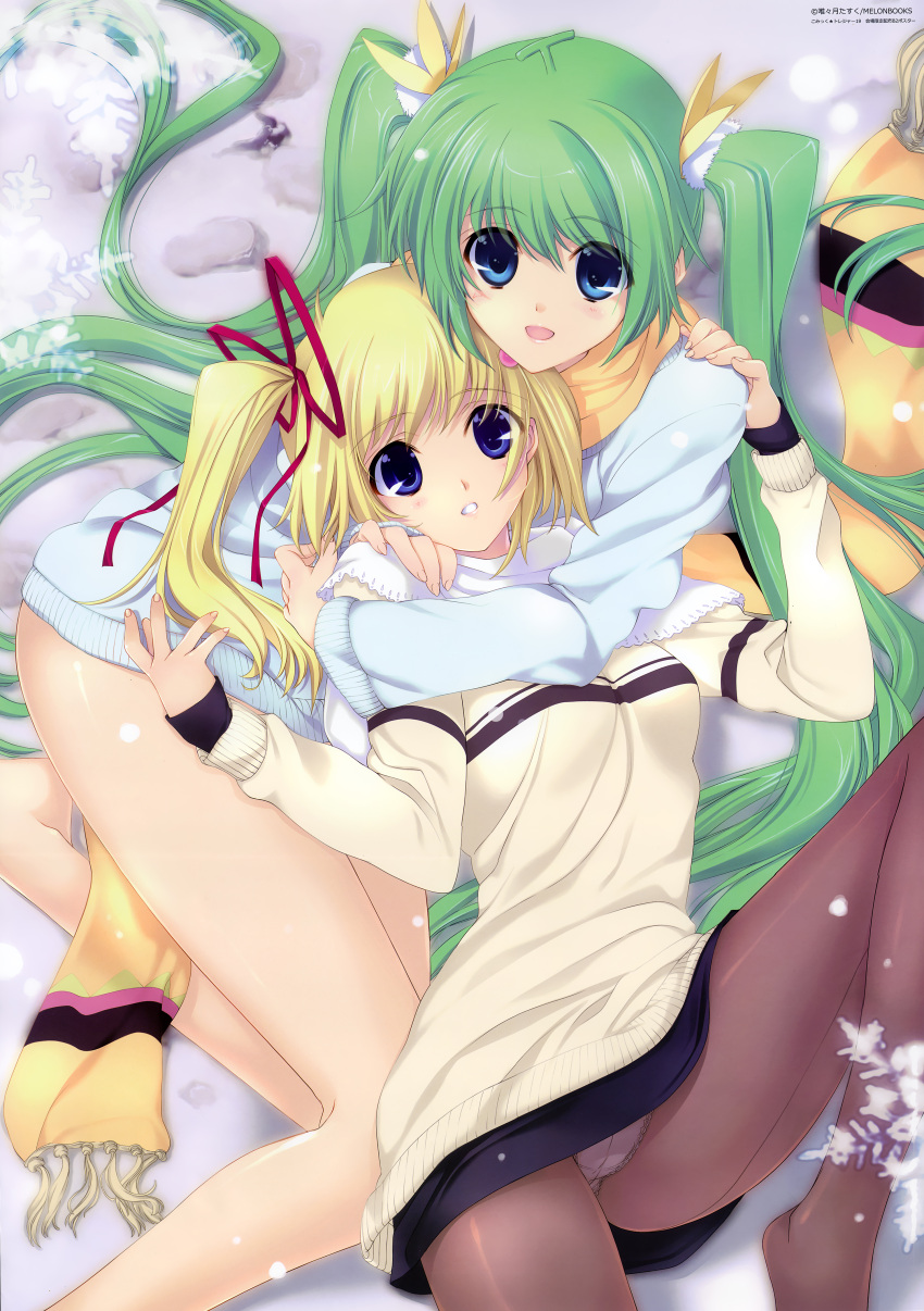 absurdres, bare_legs, black_legwear, blonde_hair, blue_eyes, green_hair, hair_ribbon, highres