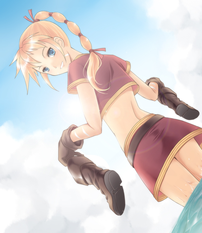 belt, blonde_hair, blue_eyes, boots, chrono_cross, clouds, female, kid_(chrono_cross)
