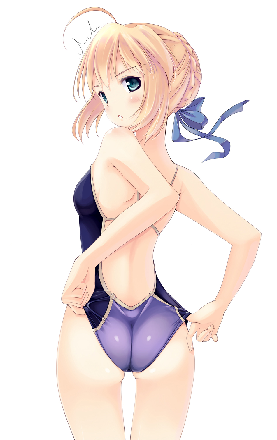 1girl, adjusting_swimsuit, ahoge, aqua_eyes, ass, backless_swimsuit, blonde_hair, blue_swimsuit