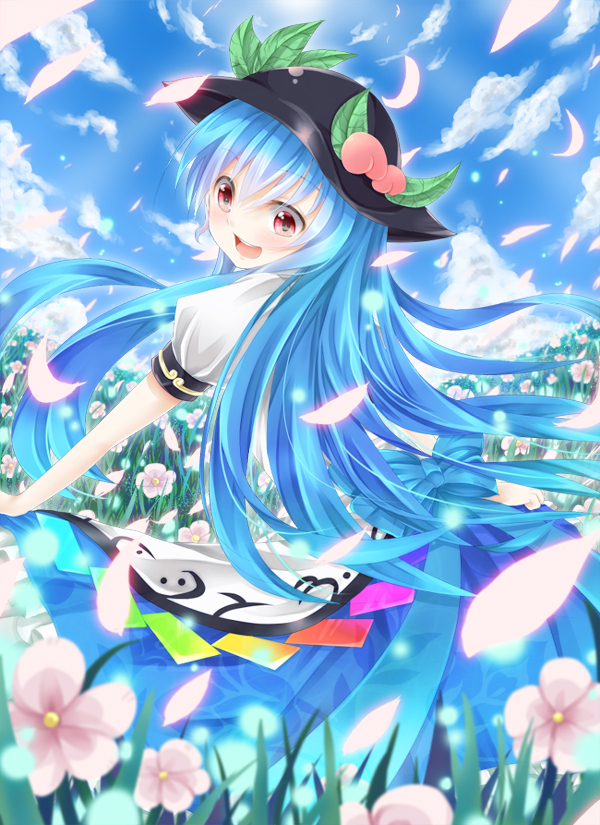 blue_hair, cloud, clouds, curtsey, flower, food, fruit, hat, hinanawi_tenshi, leaf, long_hair, long_skirt, mixarumixa, peach, red_eyes, skirt, skirt_hold, sky, solo, touhou