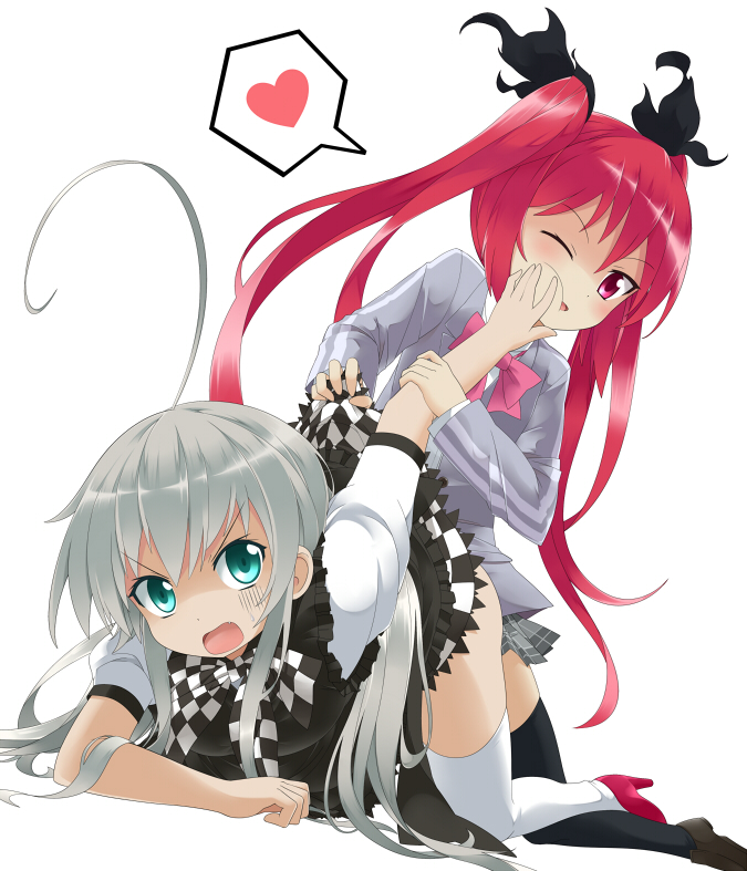 ahoge, aqua_eyes, black_legwear, checkered, checkered_skirt, cthugha_(nyaruko-san), hair_ribbon, haiyore!_nyaruko-san