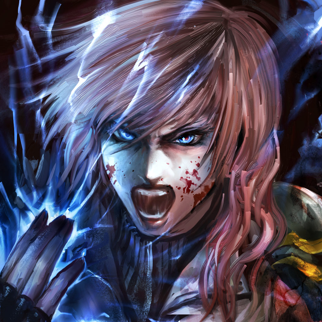 blood, blood_on_face, blue_eyes, electricity, female, final_fantasy, final_fantasy_xiii, hands, lightning, lightning_(ff13), lightning_farron, long_hair, open_mouth, pink_hair, raypass, solo, yojiro_morioka