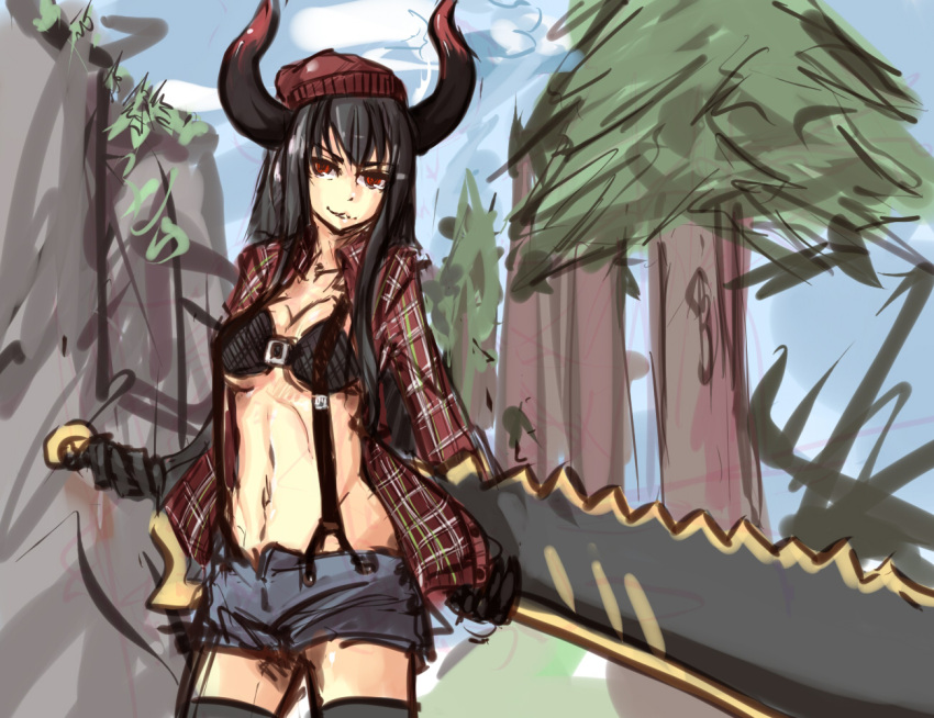 bikini_top, black_gold_saw, black_hair, black_rock_shooter, breasts, colored, hat, horns, huge_weapon, long_hair, lumberjack, navel, open_clothes, open_shirt, pan!ies, plaid, plaid_shirt, red_eyes, saw, short_shorts, shorts, solo, suspenders, thigh-highs, thighhighs, under_boob, underboob, weapon, zettai_ryouiki