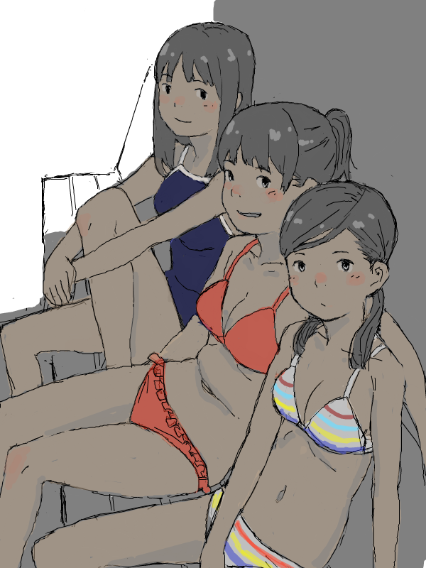 bench, bikini, black_hair, long_hair, mensoubou, multiple_girls, navel, original, ponytail, school_swimsuit, short_hair, sitting, swimsuit, twintails
