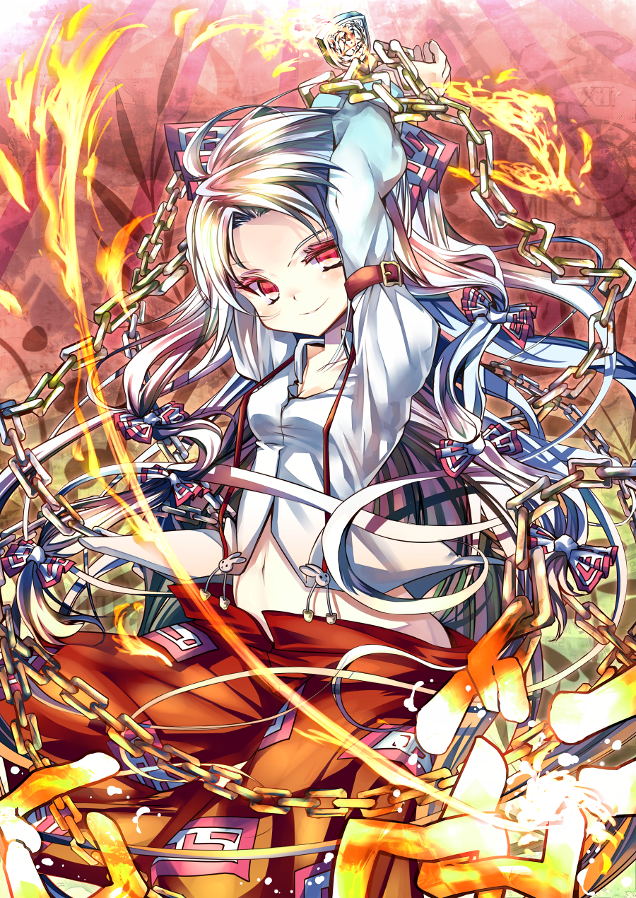 blush, bow, breasts, chain, chains, cleavage, fire, flame