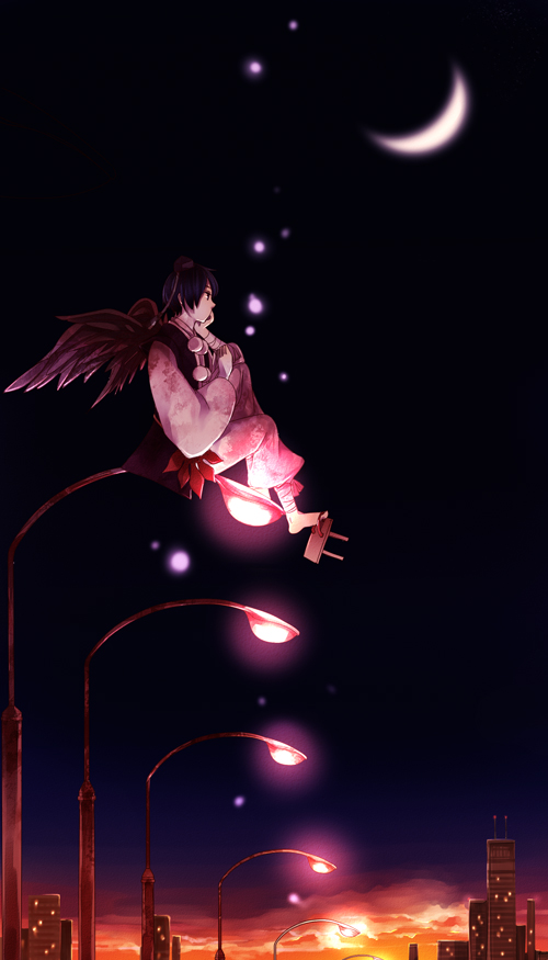 axis_powers_hetalia, black_hair, black_wings, crescent_moon, japan_(hetalia), japanese_clothes, male, moon, na_(sodium), night, night_sky, pom_pom_(clothes), sitting, sky, solo, wings