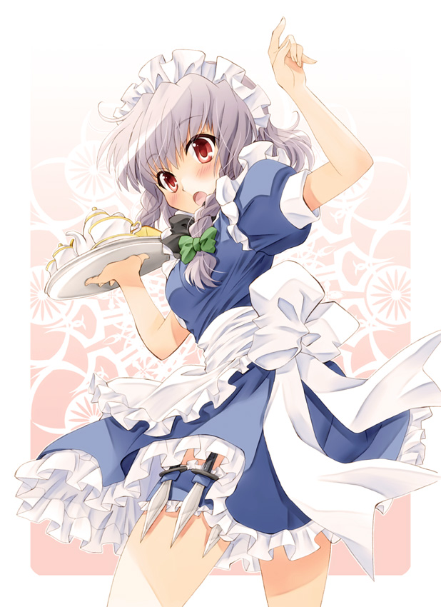 apron, blush, braid, cup, garters, izayoi_sakuya, knife, komiru