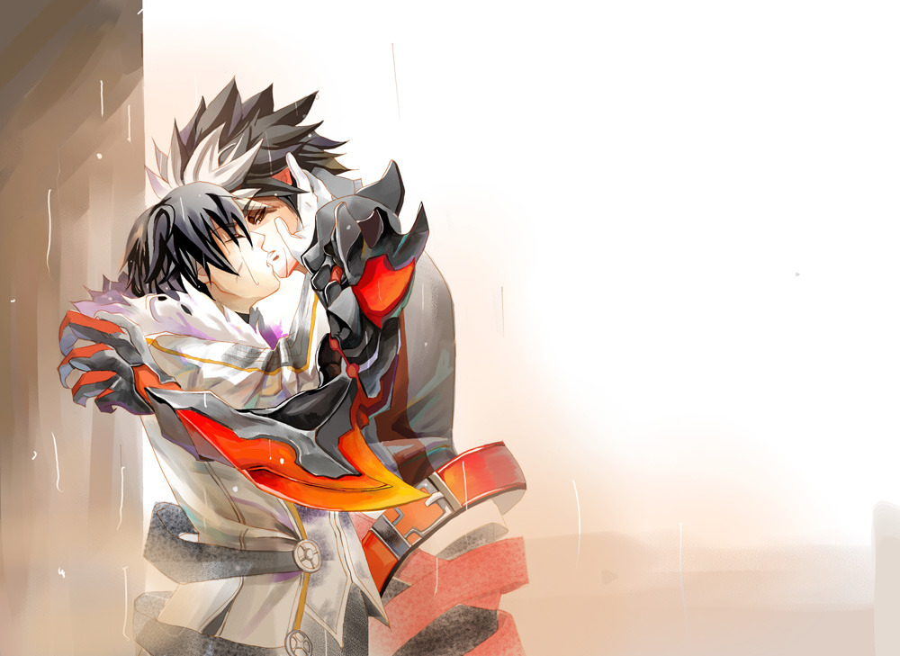 arisu_(nine_avenue), armor, belt, black_hair, coat, dual_persona, elsword, gauntlets