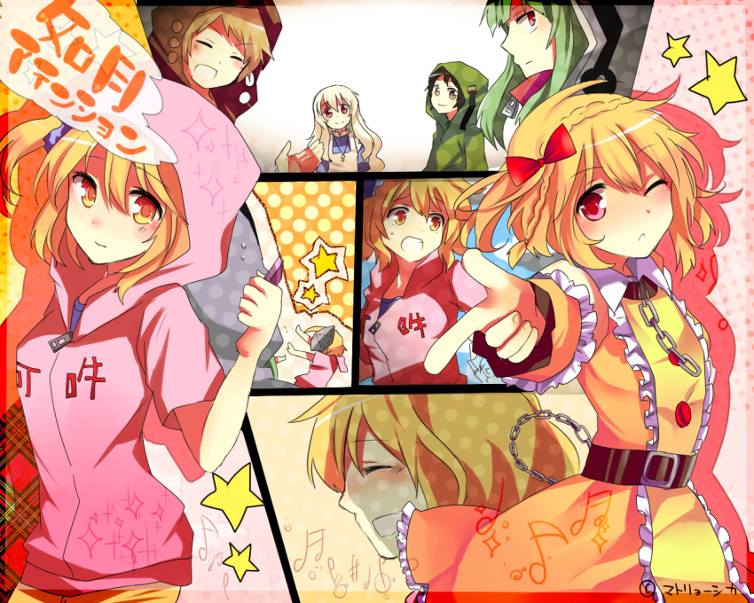 bad_id, blonde_hair, bow, cellphone, chain, chains, collar, creator_connection, dress, dual_persona, frills, green_hair, grin, hair_bow, hatsune_miku, hoodie, kagerou_project, kano_(kagerou_project), kido_(kagerou_project), kisaragi_attention_(vocaloid), kisaragi_momo, looking_at_viewer, mary_(kagerou_project), matryoshka_(artist), matryoshka_(borscht), mekakushi_code_(vocaloid), mekakushi_cord_(vocaloid), multiple_boys, multiple_girls, musical_note, phone, pinting_at_viewer, pointing, pointing_at_viewer, red_eyes, seto_(kagerou_project), short_hair, side_ponytail, silver_hair, smile, souzou_forest_(vocaloid), star, vocaloid, wink