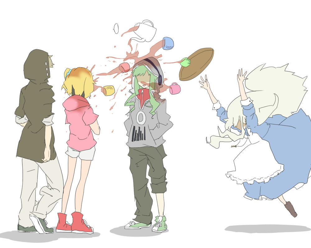 2girls, artist_request, blonde_hair, casual, creator_connection, cup, dress, hoodie