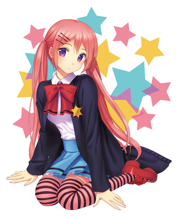 bow, hair_ornament, hairclip, hairpin, inuzuka_shino, kichiroku, long_hair, looking_at_viewer, nejimaki_kagyu, nejimaki_kagyuu, purple_eyes, school_uniform, simple_background, sitting, solo, star, striped, striped_legwear, thigh-highs, thighhighs, twintails, violet_eyes, white_background