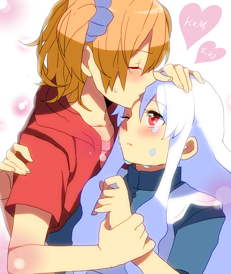 bad_id, blonde_hair, blush, chatubo, creator_connection, forehead_kiss, heart, kisaragi_attention_(vocaloid)