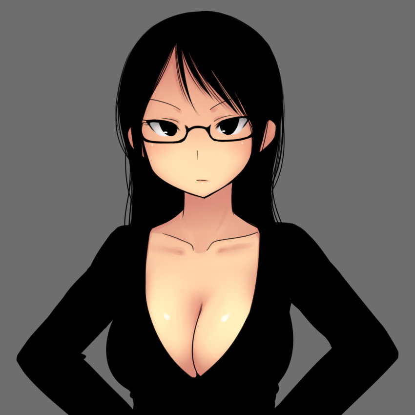 aaaa, black-framed_glasses, black_eyes, black_hair, breasts, cleavage, collarbone, glasses