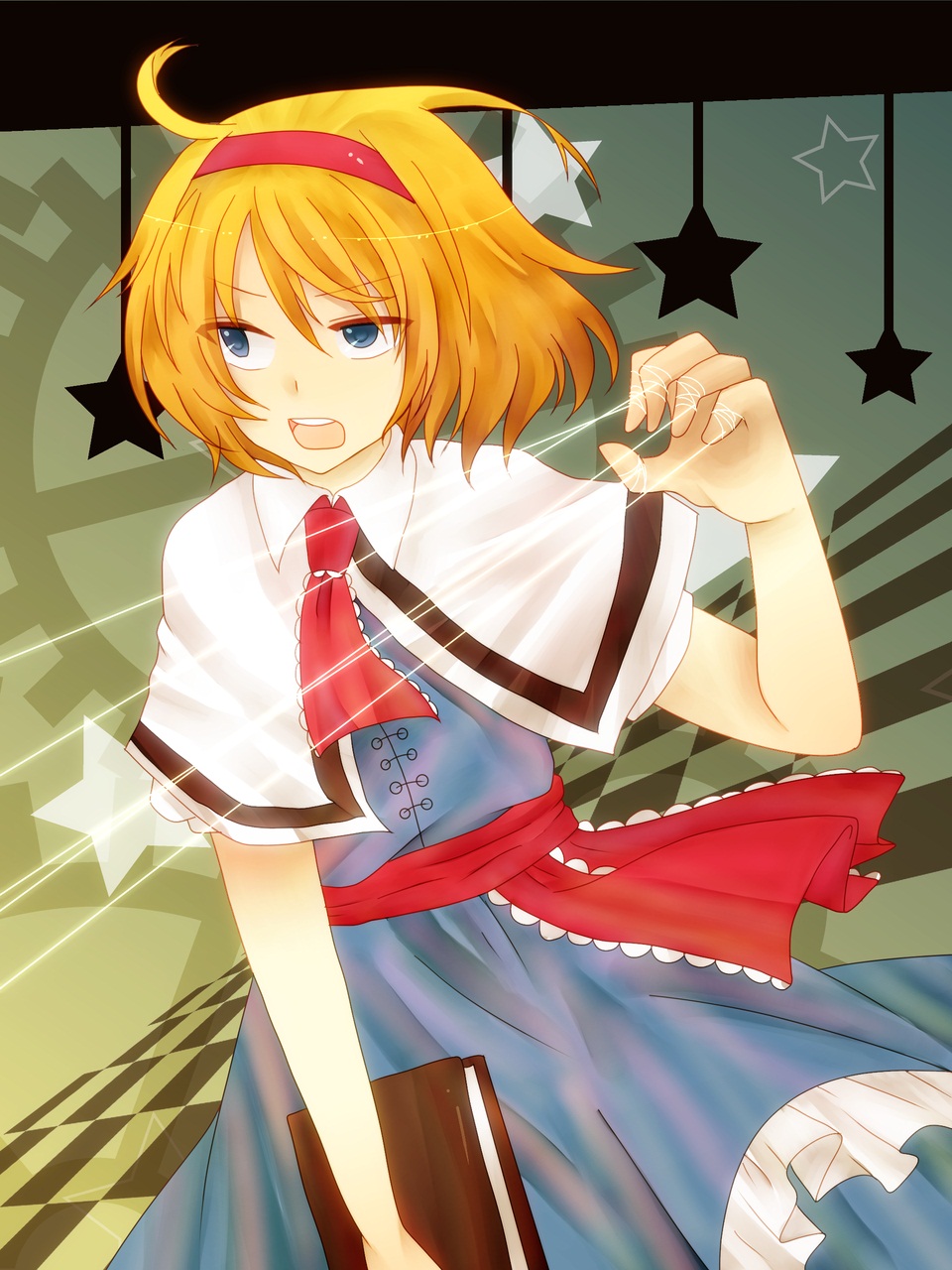 alice_margatroid, blonde_hair, blue_eyes, book, capelet, hairband, highres, rabaa