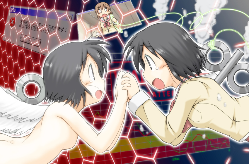 angel_wings, black_hair, brown_hair, bubble, commentary_request, dual_persona, error_message, gaketsu, grey_eyes, hand_holding, hexagon, highres, holding_hands, nichijou, no_nipples, nude, school_uniform, shinonome_nani, shinonome_nano, short_hair, tears, winding_key, wings