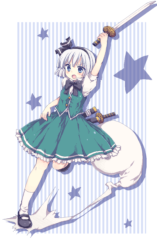bad_id, blue_eyes, blush, bob_cut, bowtie, buttons, fighting_stance, hairband, katana, konpaku_youmu, konpaku_youmu_(ghost), mary_janes, matsusaka_gyuu, matsusaka_ushi, myon, oekaki, open_mouth, shoes, short_hair, silver_hair, skirt, skirt_set, solo, standing_on_one_leg, striped, striped_background, sword, touhou, weapon