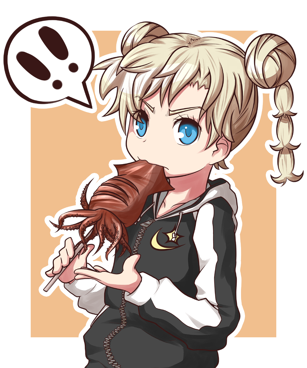 1girl, angry, blonde_hair, blue_eyes, braid, double_bun, eating, food
