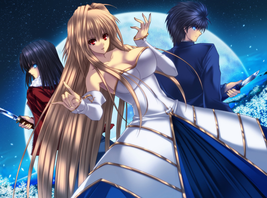 2girls, ahoge, archetype_earth, arcueid_brunestud, bare_shoulders, black_hair, blonde_hair, blue_eyes, breasts, company_connection, crossover, detached_sleeves, dress, full_moon, glowing, glowing_eyes, jacket, juri_(shiningred), kara_no_kyoukai, knife, large_breasts, long_hair, moon, multiple_girls, night, red_eyes, red_jacket, ryougi_shiki, school_uniform, short_hair, strapless_dress, toono_shiki, tsukihime, type-moon, very_long_hair