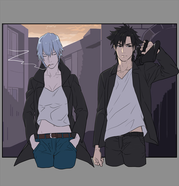 1girl, back-to-back, black_eyes, black_hair, blue_hair, church, cigarette, closed_eyes