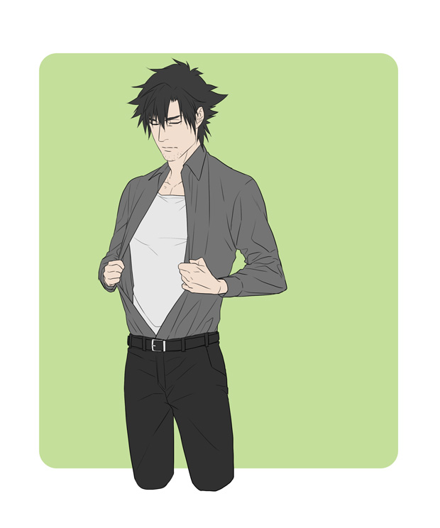 black_hair, emiya_kiritsugu, fate/zero, fate_(series), hasuha_makoto, male, open_clothes, open_shirt