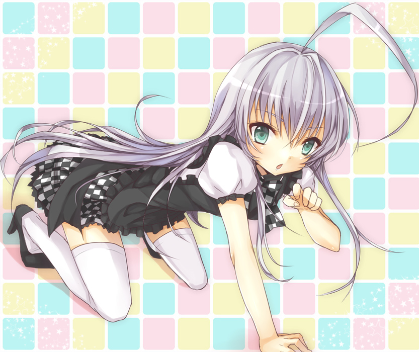 ahoge, all_fours, checkered, checkered_skirt, green_eyes, haiyore!_nyaruko-san, long_hair, nyarlathotep_(nyaruko-san)