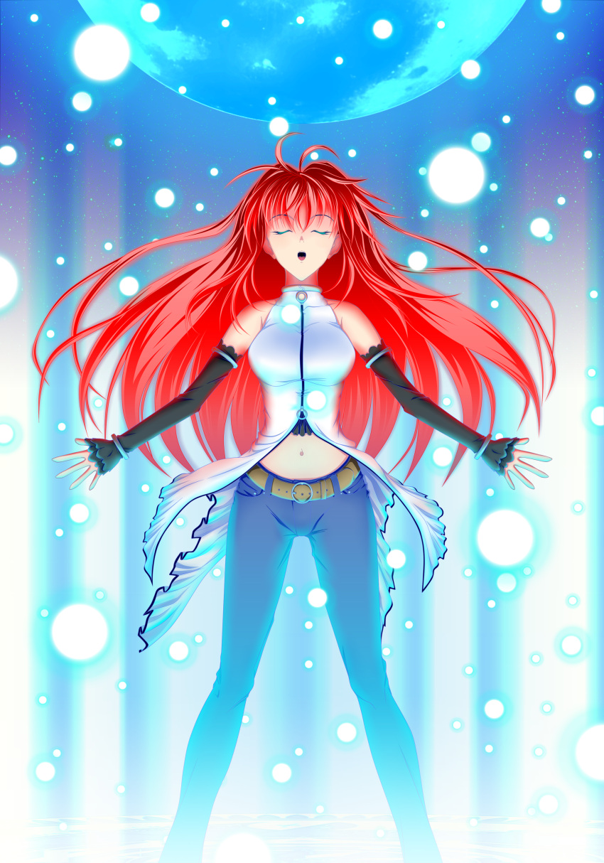 :o, absurdres, aozaki_aoko, breasts, closed_eyes, eyes_closed, fingerless_gloves, full_moon, gloves, hair_intakes, highres, jeans, large_breasts, light_particles, long_hair, magic, mahou_tsukai_no_yoru, midriff, moon, navel, red_hair, redhead, solo, walhalla