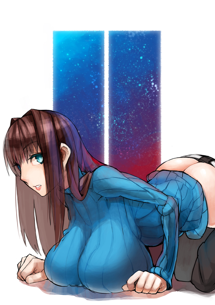 aco, aozaki_aoko, ass, blue_eyes, breast_press, breasts, brown_hair, butt_crack, hair_intakes, hanging_breasts, huge_breasts, impossible_clothes, impossible_shirt, long_hair, mahou_tsukai_no_yoru, pants_down, solo, sweater