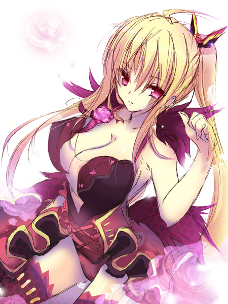 ahoge, blonde_hair, breasts, dodonpachi, dodonpachi_saidaioujou, houkiri_nemu, large_breasts, leotard, long_hair, payot, ponytail, red_eyes, shuri_(saidaioujou), solo, thigh-highs, thighhighs, white_background